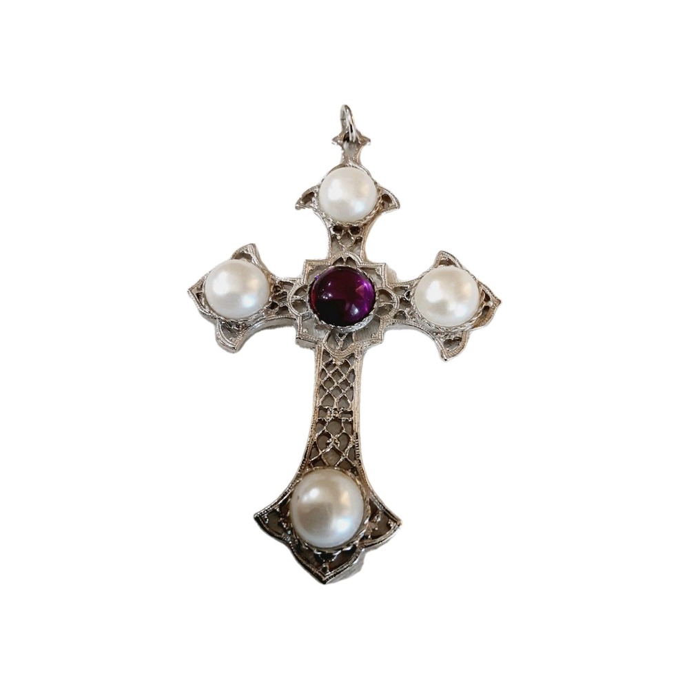 Vintage Sarah Coventry Cross Pendant Silver Tone Purple Cabochon Faux Pearls